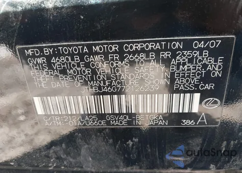 2007 Lexus Es 350 from USA, damaged, VIN JTHBJ46G772126239